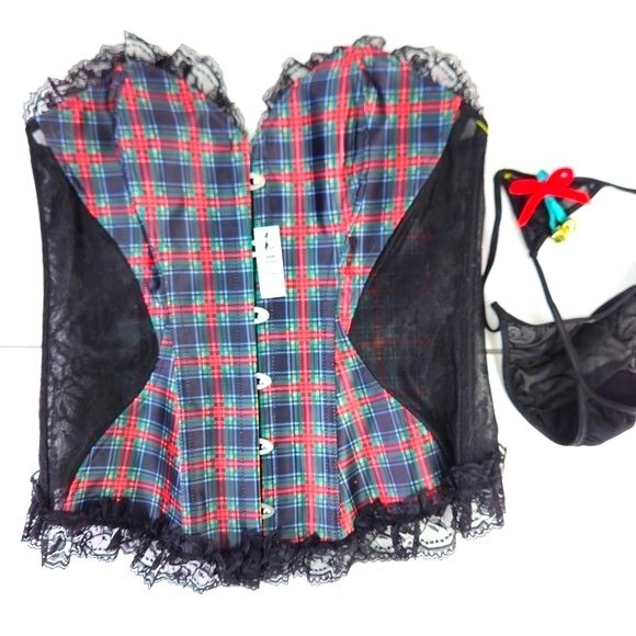 Victorias Secret Other - Victoria's Secret Adore Me Plaid Corset Lingerie Set Bustier Black Lace Boned Lg